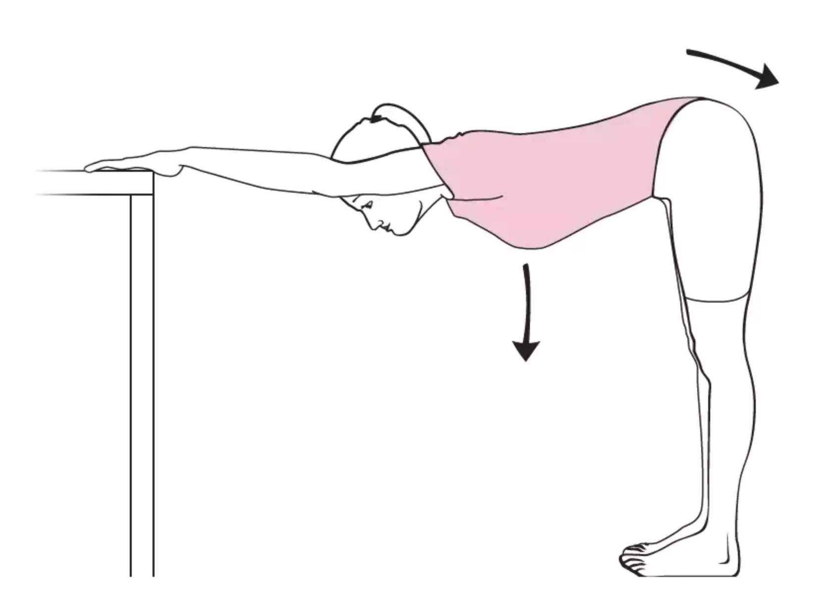 Passive stretching: with hands or forearms resting on a table, slowly move backwards without moving them, lowering the buttocks. Repeat 5 to 10 times.